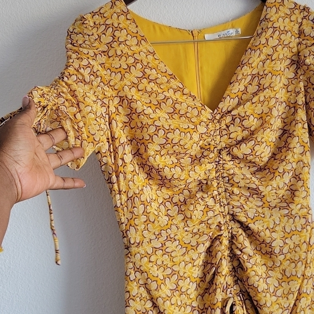 Essue mustard yellow floral Botanical Cottagecore Peasant dress size S - Picture 4 of 8